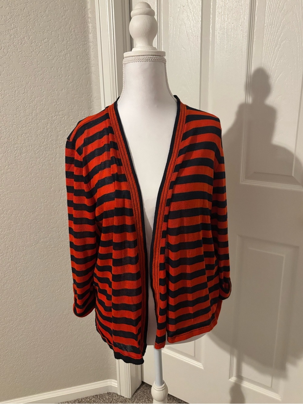 Jones New York Open-Front Striped Cardigan - Orange & Navy